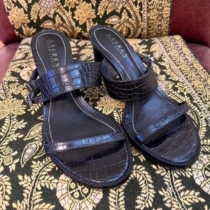 Ralph Lauren Brazil-made Black Embossed Leather Heeled Slide Strap Sandals Sz 7
